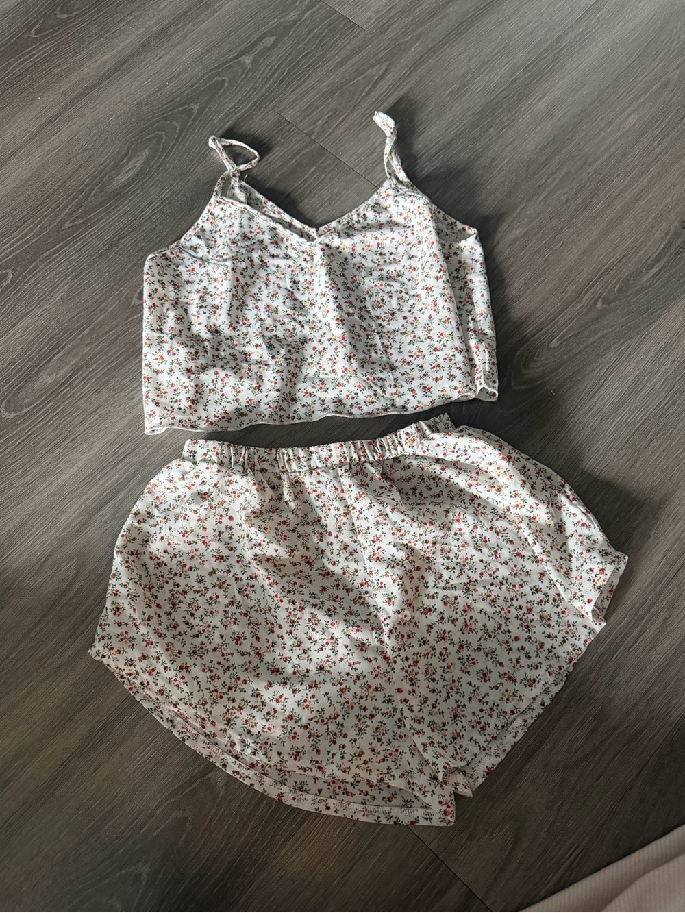 SHEIN White Floral Cami and Shorts Set with Red & Green Print